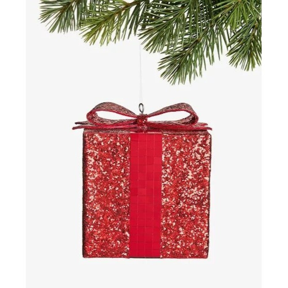 New Holiday Lane Christmas Cheer Red Glitter Christmas Gift Box Ornament